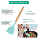 11-piece silicone kitchen utensil set with heat-resistant silicone heads and wooden handles for safe cooking with nonstick cookware.