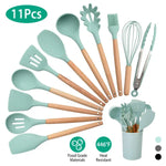 11-piece silicone kitchen utensil set with heat-resistant silicone heads and wooden handles for safe cooking with nonstick cookware.