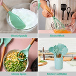 11-piece silicone kitchen utensil set with heat-resistant silicone heads and wooden handles for safe cooking with nonstick cookware.