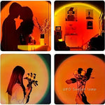 16-color sunset projection lamp creating warm ambient lighting in a modern bedroom with remote-controlled LED color-changing effects.