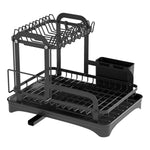 2-tier rustproof dish drying rack with drainboard, utensil holder, cup rack, and cutting board organizer for kitchen countertops.