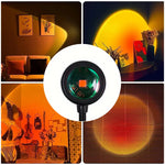 360-degree rotating LED sunset projection lamp creating warm ambient lighting in a modern bedroom and living room decor setting