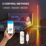 RGBIC smart LED corner floor lamp with app control, customizable colors, music sync effects, and modern ambient lighting for bedrooms and living rooms.