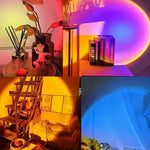 16-color sunset projection lamp creating warm ambient lighting in a modern bedroom with remote-controlled LED color-changing effects.