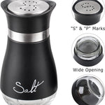 Farmhouse salt and pepper shaker set with clear glass bottoms and stainless steel tops for stylish kitchen dining and everyday seasoning.