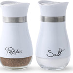 armhouse salt and pepper shaker set with clear glass bottoms and stainless steel tops for stylish kitchen dining and everyday seasoning.