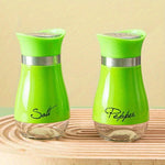 Farmhouse salt and pepper shaker set with clear glass bottoms and stainless steel tops for stylish kitchen dining and everyday seasoning.