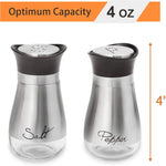 Farmhouse salt and pepper shaker set with clear glass bottoms and stainless steel tops for stylish kitchen dining and everyday seasoning.