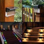Waterproof RGB solar fence and step light illuminating outdoor garden pathway with color-changing LED lighting and crystal-style design.