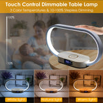 Modern LED bedside table lamp with wireless phone charging, digital clock display, USB charging port, touch controls, and dimmable lighting.