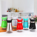 armhouse salt and pepper shaker set with clear glass bottoms and stainless steel tops for stylish kitchen dining and everyday seasoning.