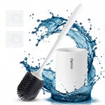 Silicone toilet brush and holder set for deep bathroom cleaning with flexible non-scratch bristles and modern hygienic design.