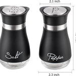 Farmhouse salt and pepper shaker set with clear glass bottoms and stainless steel tops for stylish kitchen dining and everyday seasoning.