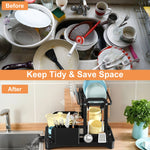 2-tier rustproof dish drying rack with drainboard, utensil holder, cup rack, and cutting board organizer for kitchen countertops.