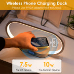 Modern LED bedside table lamp with wireless phone charging, digital clock display, USB charging port, touch controls, and dimmable lighting.