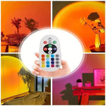 16-color sunset projection lamp creating warm ambient lighting in a modern bedroom with remote-controlled LED color-changing effects.