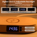 Modern LED bedside table lamp with wireless phone charging, digital clock display, USB charging port, touch controls, and dimmable lighting.