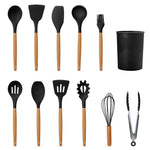 11-piece silicone kitchen utensil set with heat-resistant silicone heads and wooden handles for safe cooking with nonstick cookware.