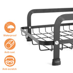 2-tier rustproof dish drying rack with drainboard, utensil holder, cup rack, and cutting board organizer for kitchen countertops.