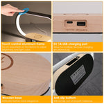 Modern LED bedside table lamp with wireless phone charging, digital clock display, USB charging port, touch controls, and dimmable lighting.