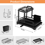 2-tier rustproof dish drying rack with drainboard, utensil holder, cup rack, and cutting board organizer for kitchen countertops.