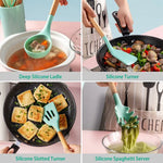 11-piece silicone kitchen utensil set with heat-resistant silicone heads and wooden handles for safe cooking with nonstick cookware.