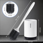 Silicone toilet brush and holder set for deep bathroom cleaning with flexible non-scratch bristles and modern hygienic design.