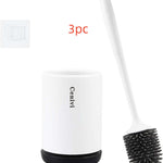 Silicone toilet brush and holder set for deep bathroom cleaning with flexible non-scratch bristles and modern hygienic design.