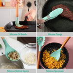 11-piece silicone kitchen utensil set with heat-resistant silicone heads and wooden handles for safe cooking with nonstick cookware.