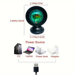 16-color sunset projection lamp creating warm ambient lighting in a modern bedroom with remote-controlled LED color-changing effects.