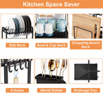 2-tier rustproof dish drying rack with drainboard, utensil holder, cup rack, and cutting board organizer for kitchen countertops.
