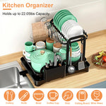 2-tier rustproof dish drying rack with drainboard, utensil holder, cup rack, and cutting board organizer for kitchen countertops.