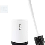Silicone toilet brush and holder set for deep bathroom cleaning with flexible non-scratch bristles and modern hygienic design.