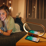 Modern LED bedside table lamp with wireless phone charging, digital clock display, USB charging port, touch controls, and dimmable lighting.