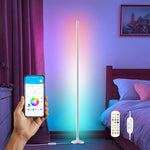 RGBIC smart LED corner floor lamp with app control, customizable colors, music sync effects, and modern ambient lighting for bedrooms and living rooms.